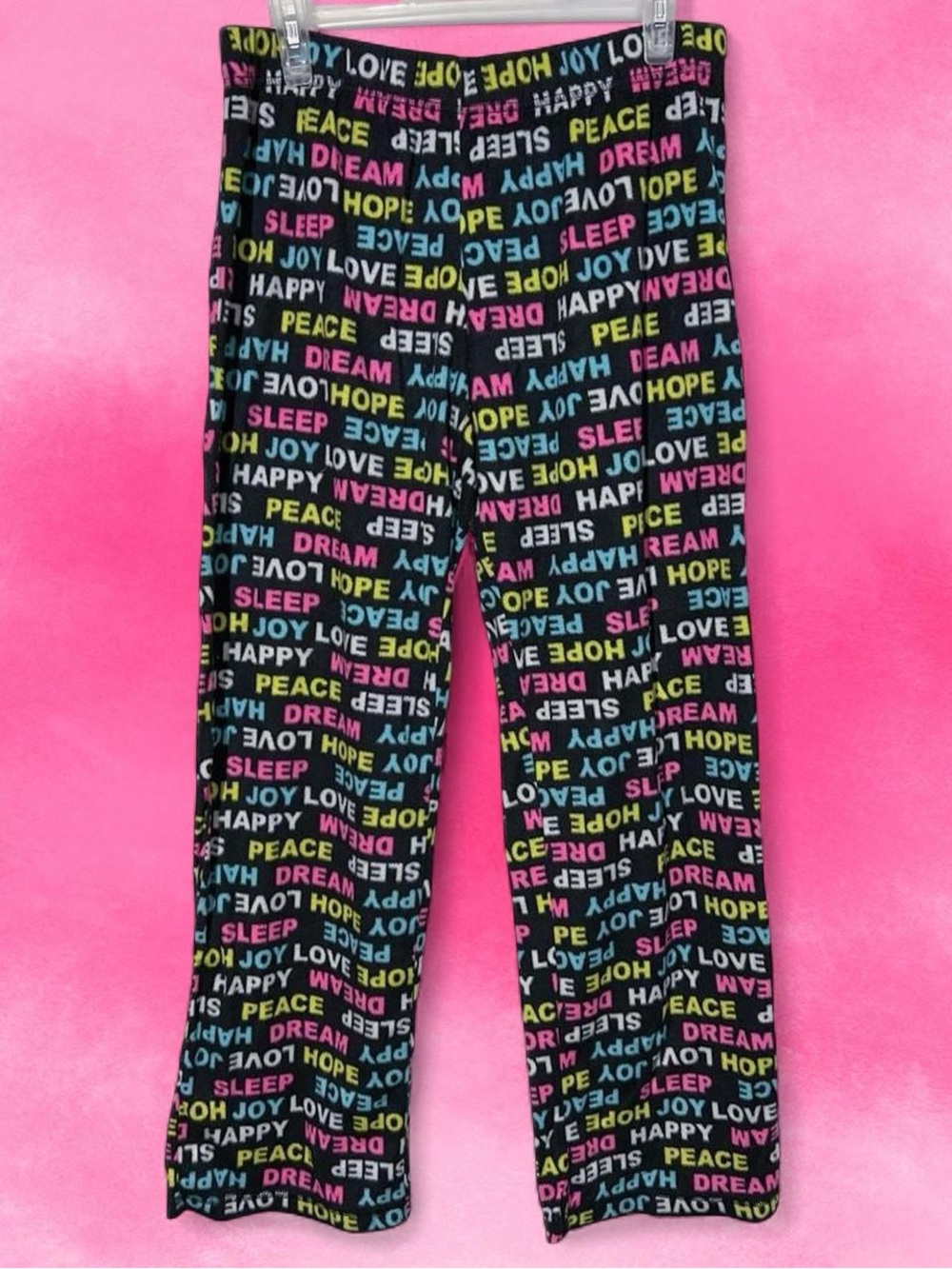 Flirtitude Women’s Large Fleece Pajama Pants Black Multicolor Word Print NWOT